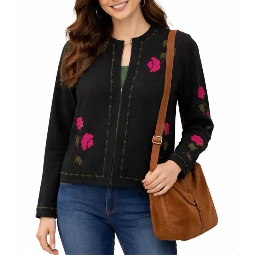 Tally Ho Vintage merino wool embroidered black floral zip front sweater small